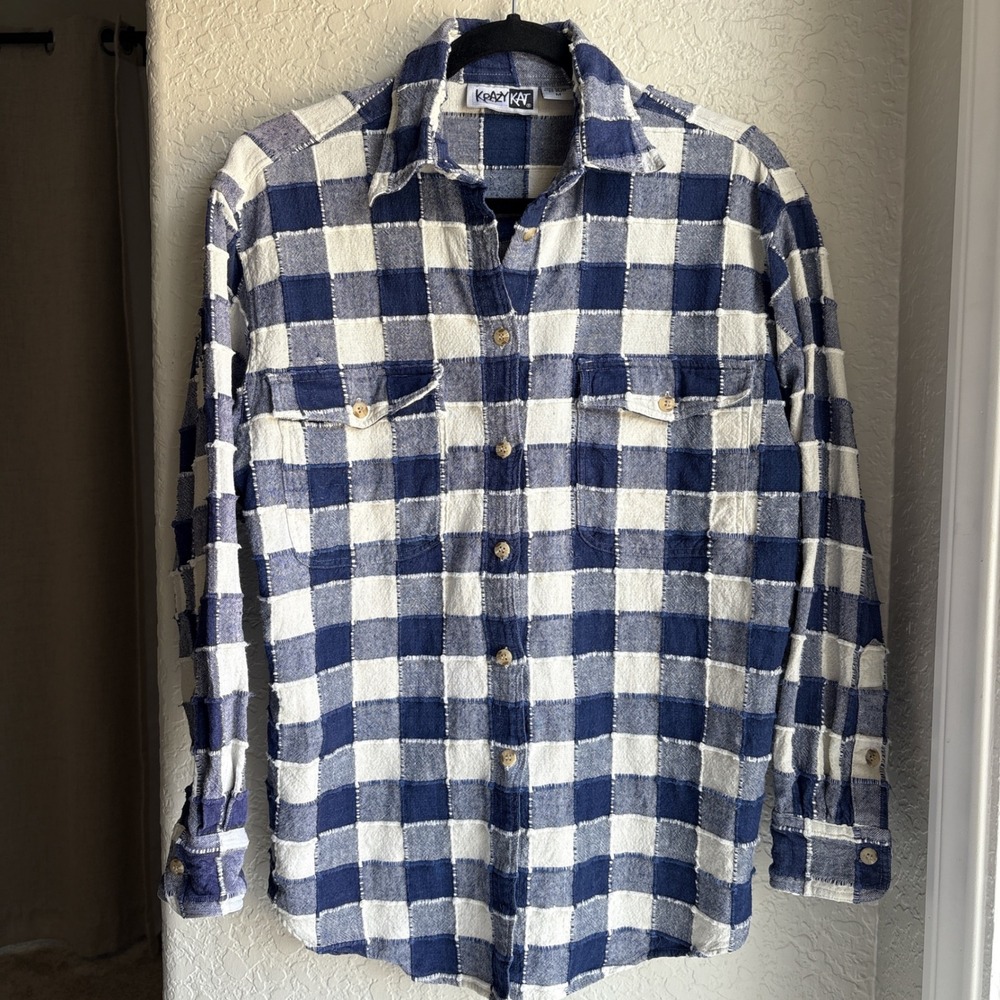 Women‎ M Plaid Vintage Button Down Shirt Blue White Patchwork Cotton Boho USA